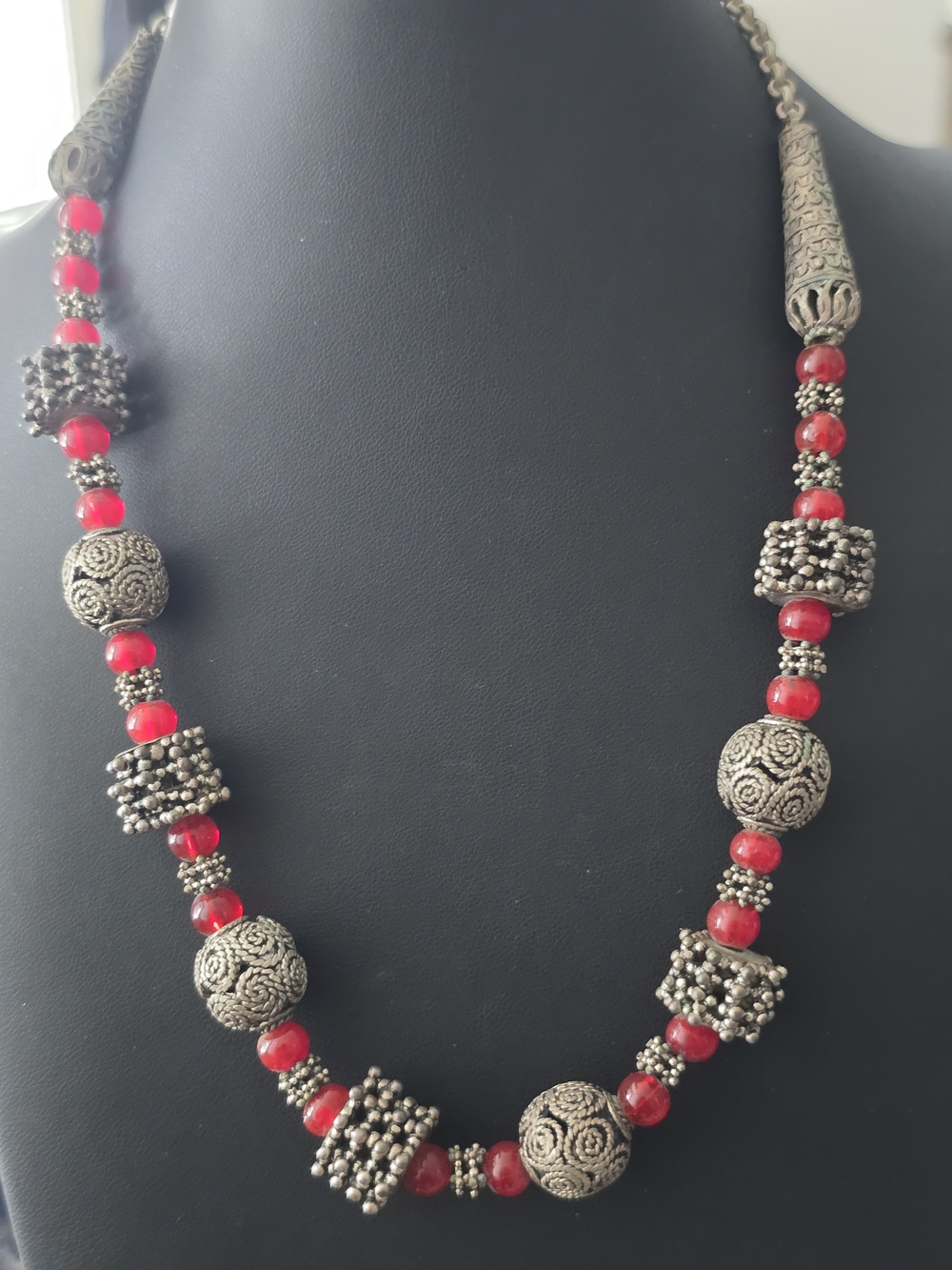Vintage Himalayan Ethnic Red Glass & Silver Filigree Statement Necklace